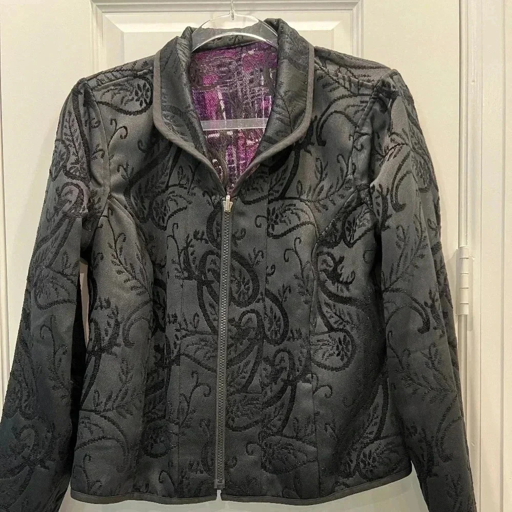 Christopher & Banks Reversible Blazer Black Purple Print Size 10